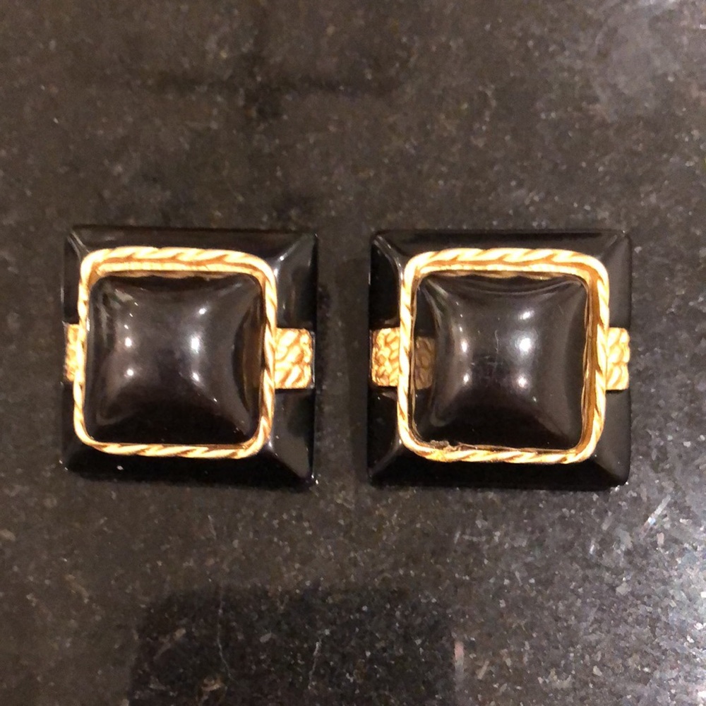 Black Plastic with Gold Braided Rope Accent Clip-on Earrings